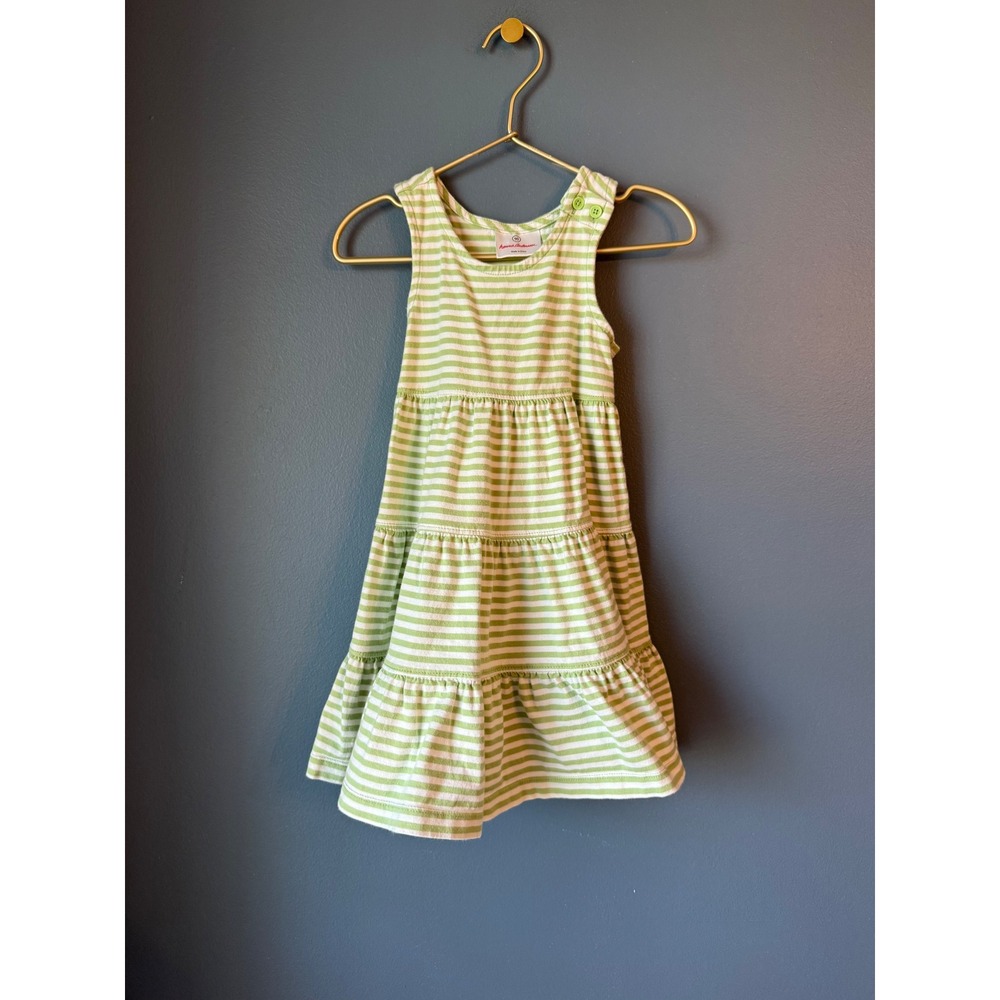 Hanna Andersson Girls Green White Striped Tiered Cotton Dress Size 90 3T